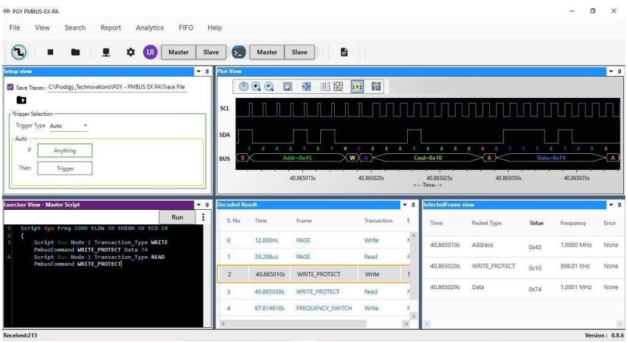 PGY-PMBus-EX-PA software interface showing a multi-domain view with setup, digital waveforms, decoded results table, and a master script exerciser.