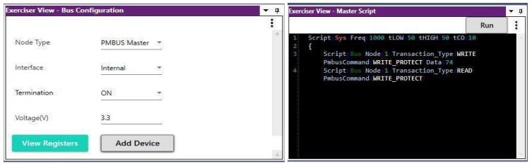 A two-pane screenshot showing PMBus bus configuration settings (Node Type, Interface, Voltage) on the left and a Master Script editor with WRITE/READ commands on the right.