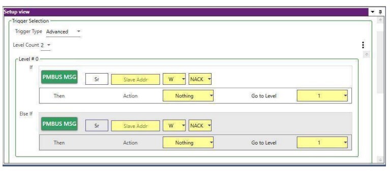 A screenshot of a software interface for setting advanced PMBus trigger conditions with nested "If/Then" and "Else If/Then" logic levels.