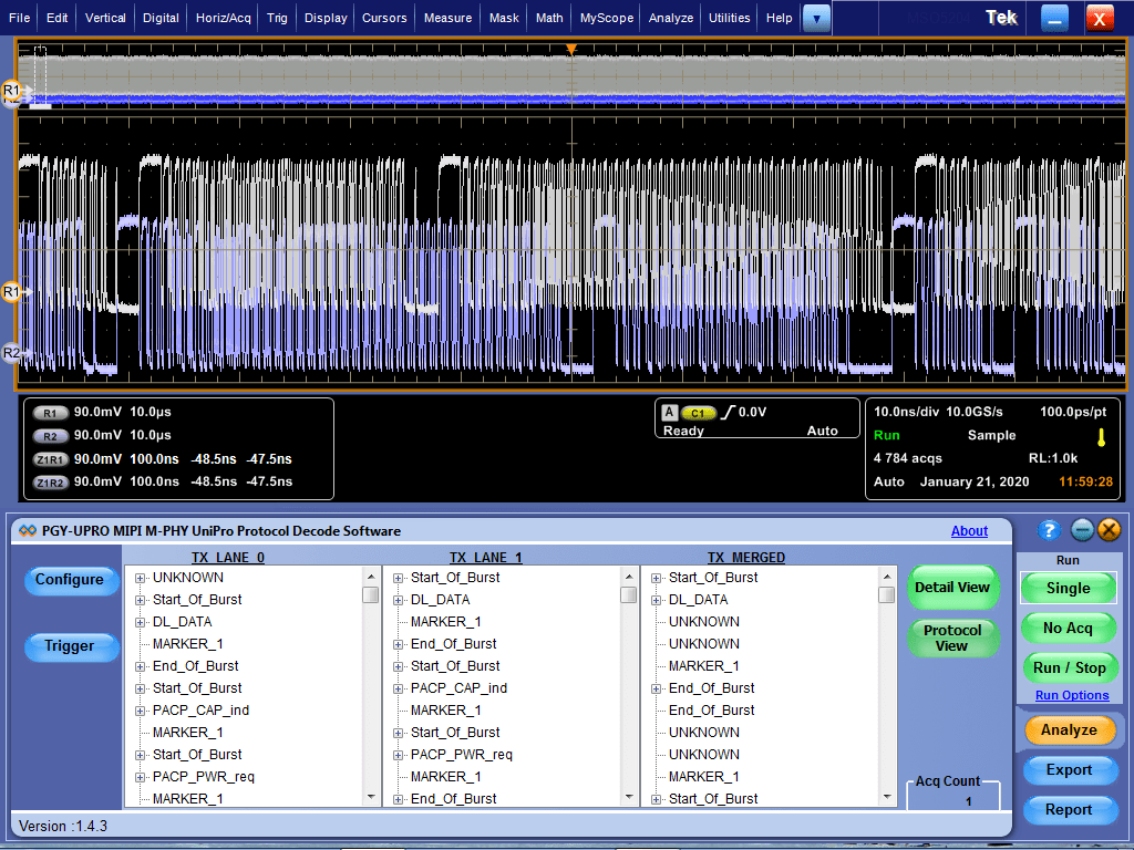 A split-screen interface showing a dense blue and white oscilloscope waveform at the top and the PGY-UPRO protocol decode software at the bottom, listing UniPro packets for TX Lane 0, TX Lane 1, and Merged views.