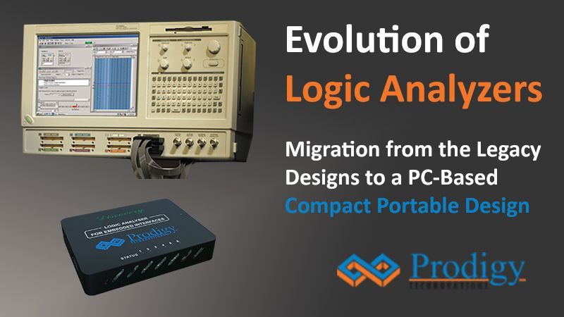 A comparison graphic showing a large, beige legacy benchtop logic analyzer next to a small, sleek black Prodigy Technovations portable logic analyzer unit on a dark background.