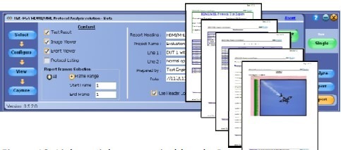 HDMI protocol analyzer's report configuration screen, showing options to export test results and a preview of a multi-page printed report.