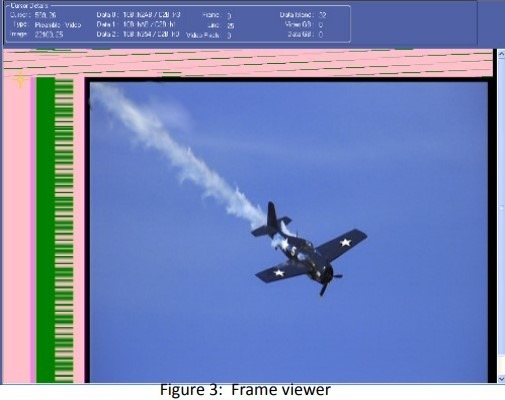 A screenshot of an HDMI protocol analyzer's frame viewer showing a reconstructed image of a Grumman FM-2 Wildcat aircraft in flight.