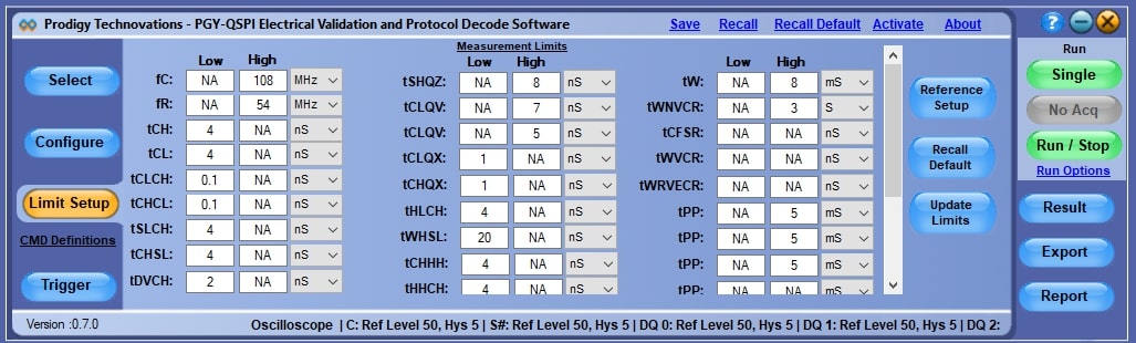 A software setup screen for PGY-QSPI testing, featuring a comprehensive table of Measurement Limits for timing parameters like Clock Frequency, Rise Time, and Setup/Hold times with Low and High threshold columns.