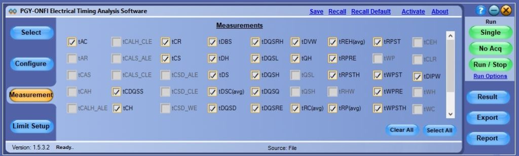 ONFI timing analysis software screen with selectable electrical measurement parameters and control buttons