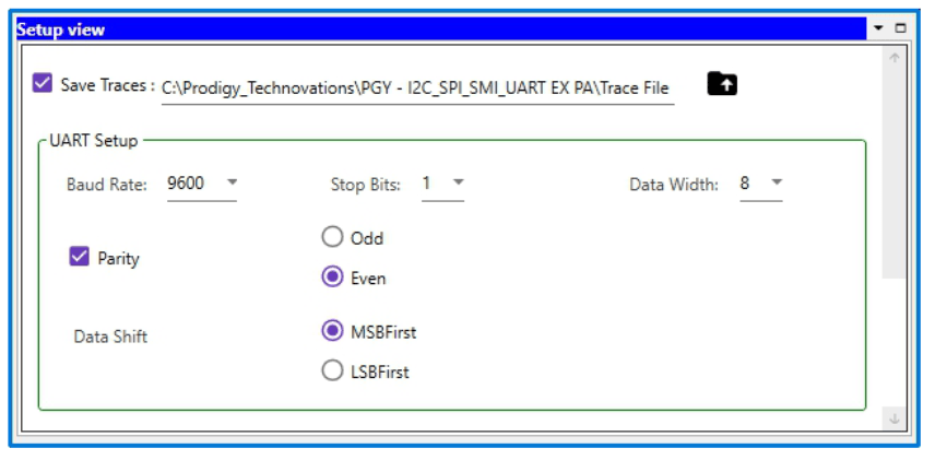 A software "Setup view" window for UART configuration showing a 9600 baud rate, 1 stop bit, 8-bit data width, even parity, and MSBFirst data shift.