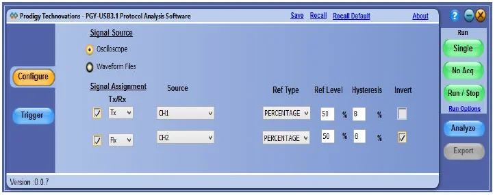 A software configuration screen for PGY-USB3.1 protocol analysis, showing Signal Source selection for Oscilloscope and channel mapping for Tx (CH1) and Rx (CH2) signals with reference level and hysteresis settings.