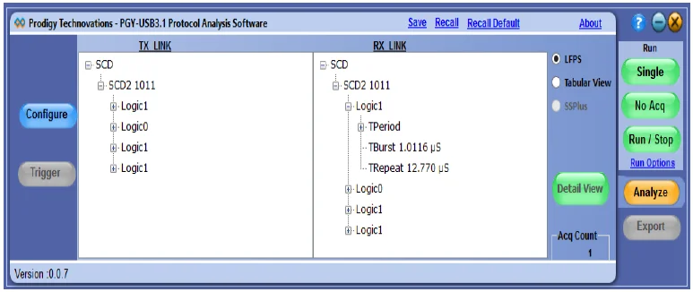 A software interface showing a hierarchical list of LFPS (Low Power Link Signaling) events for TX LINK and RX LINK, with detailed timing measurements like TBurst and TRepeat for an SCD2 sequence.