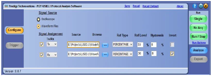 A software configuration screen for PGY-USB3.1 protocol analysis, showing Signal Source set to Waveform Files with file paths for Tx and Rx signals, and settings for Ref Level (50%) and Hysteresis (8%).