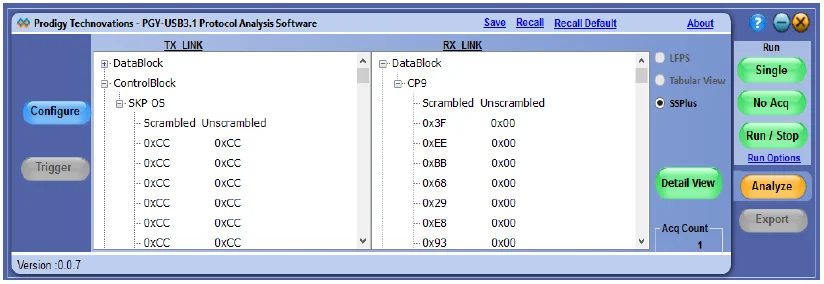 A protocol analysis software interface showing TX LINK and RX LINK data trees. The TX LINK shows an expanded SKP OS block with hex data, while the RX LINK shows a CP9 block comparing Scrambled and Unscrambled hex values under the SSPlus mode.