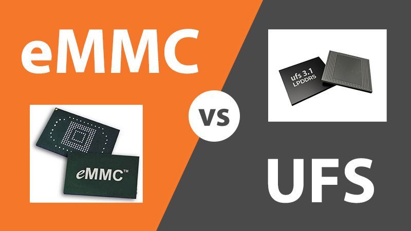 A split-screen comparison graphic with an orange side labeled eMMC and a grey side labeled UFS. Both sides show images of their respective memory chips, featuring the pin layouts and product branding.