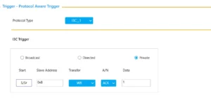 A software configuration screen for I3C protocol triggering. The "Private" trigger mode is selected, with fields set for Slave Address (0x8), Transfer (WR), A/N (ACK), and Data