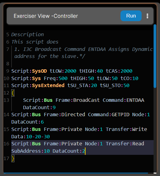 Screenshot of an I3C controller exerciser interface displaying a script configuration with broadcast and directed commands, timing parameters, and data transfer settings.