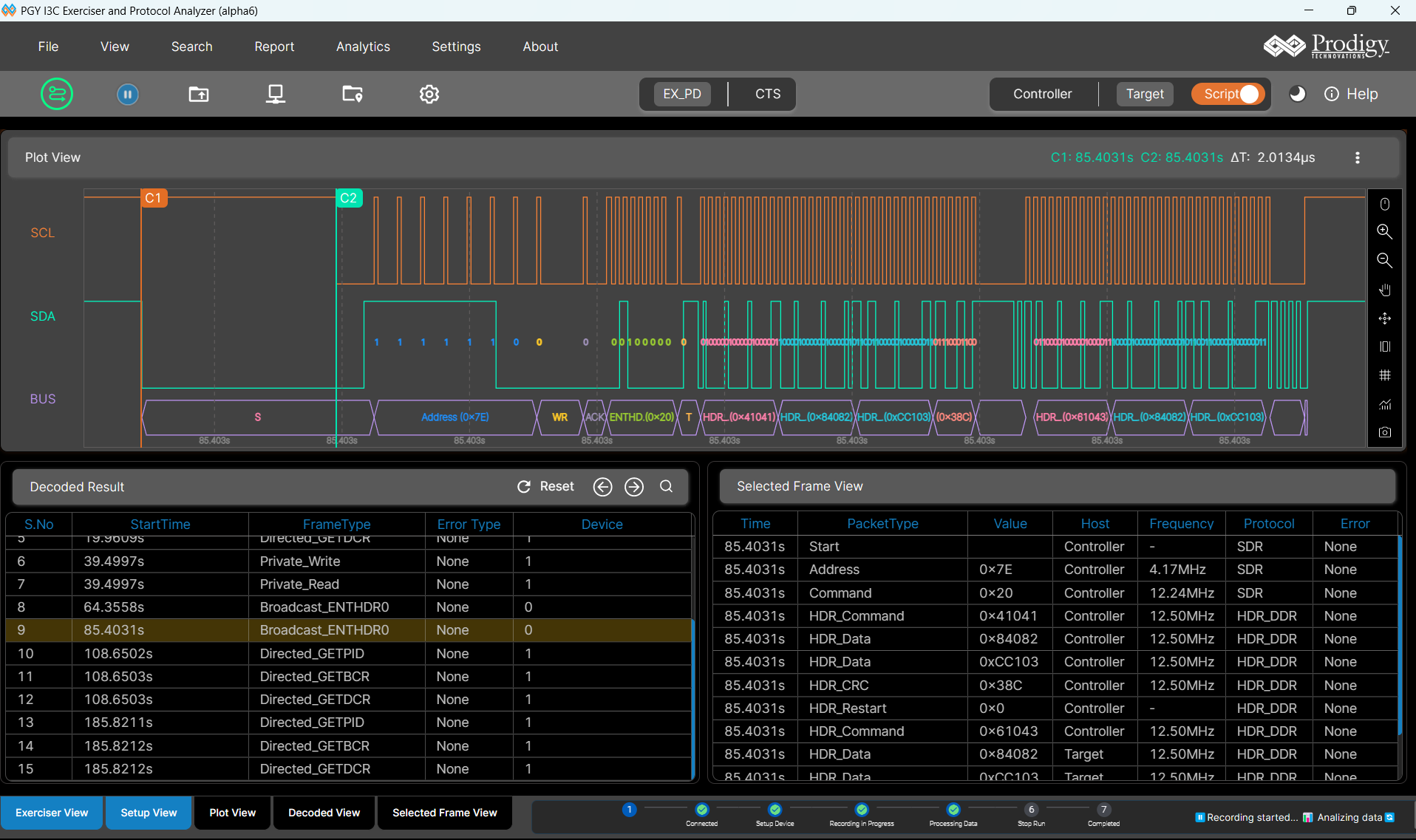 Screenshot of an I3C protocol analyzer interface showing waveform signals for SCL and SDA lines, decoded bus activity, and detailed frame analysis.
