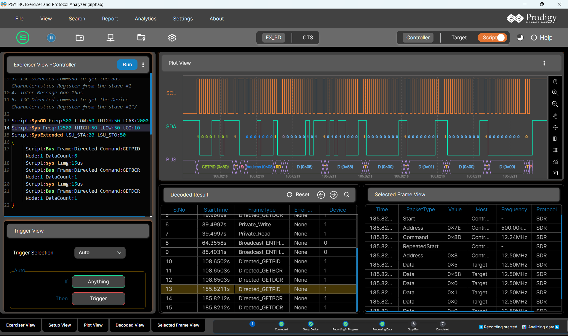 Dark mode I3C protocol analyzer showing SCL and SDA waveforms with decoded frames and command transactions