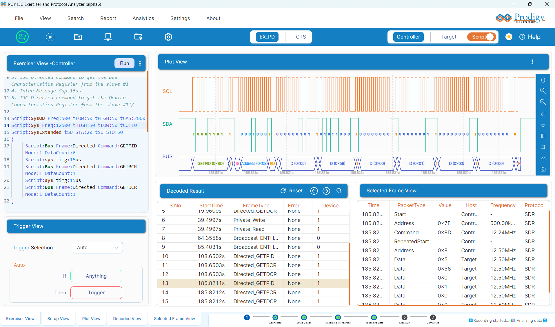 I3C protocol exerciser and analyzer interface showing SCL and SDA waveforms with decoded command frames