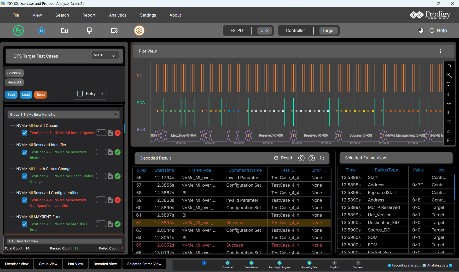 Screenshot of an I3C analyzer showing NVMe-MI CTS test cases, signal waveforms, and decoded protocol frames.