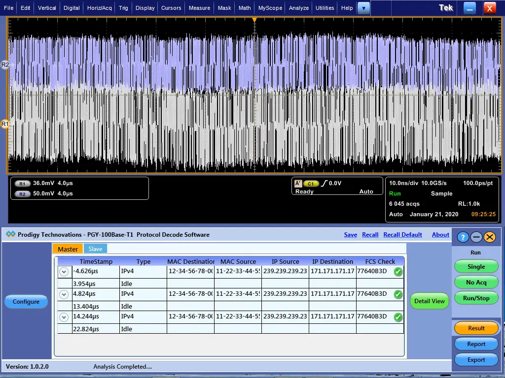A split-screen interface showing a dense high-frequency oscilloscope waveform on top and a decoded 100Base-T1 protocol table below with MAC and IP address details.