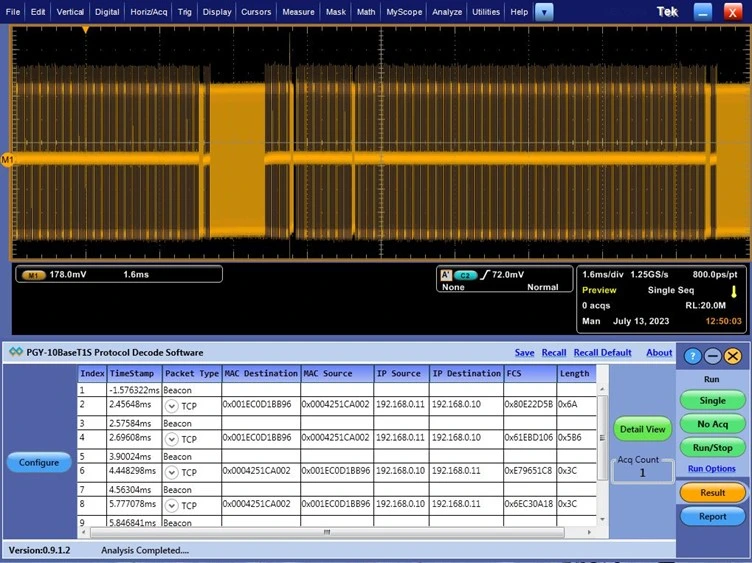 A split-screen software interface showing a yellow automotive Ethernet waveform on a Tektronix oscilloscope in the top half and a detailed protocol decoding table from Prodigy Technovations in the bottom half.