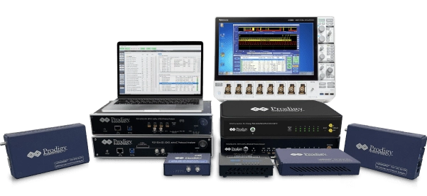 An array of Prodigy Technovations hardware units, including desktop protocol analyzers, portable exerciser modules, a laptop running analysis software, and a high-end oscilloscope showing signal waveforms.