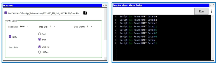 Side-by-side screenshots of a protocol analyzer software showing the 'Setup view' for UART parameters like baud rate and parity on the left, and the 'Exerciser View' containing a master script for data transmission on the right.