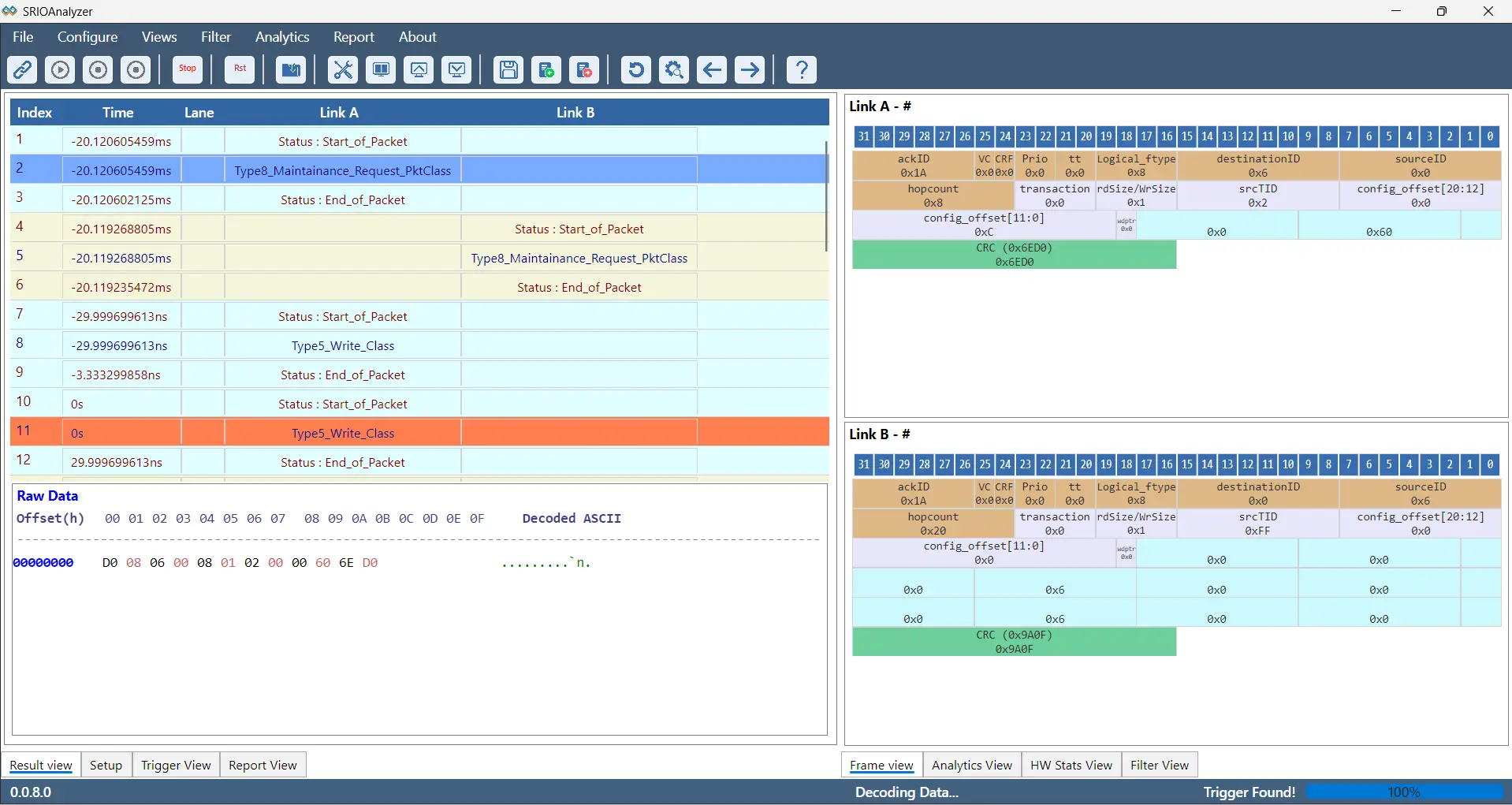 A software interface for SRIO protocol analysis showing a chronological list of packets for Link A and Link B on the left, and a detailed bit-level breakdown for both links on the right, including fields for Transaction, DestinationID, and SourceID.