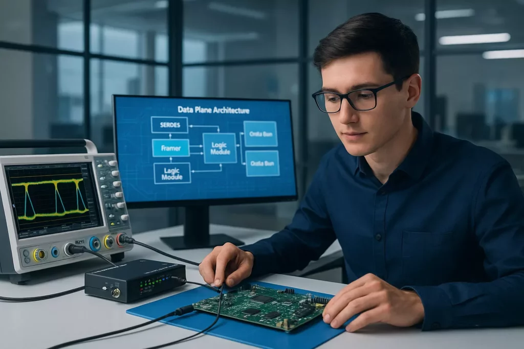 Engineer analyzing high-speed signal waveforms using an oscilloscope while debugging a PCB board in a lab environment