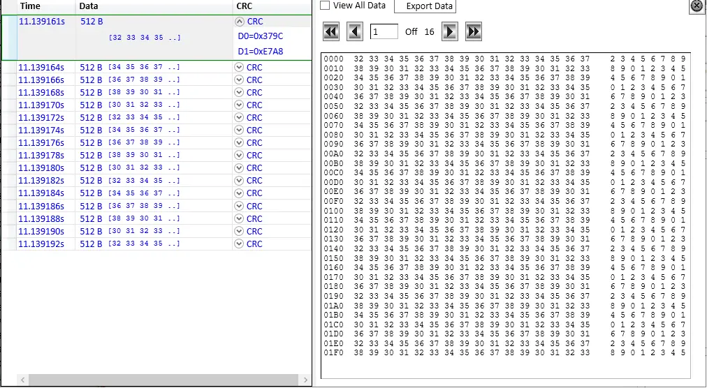 A software interface displaying a list of 512-byte data packets with timestamps and CRC status on the left, and a corresponding hex and ASCII data dump on the right.