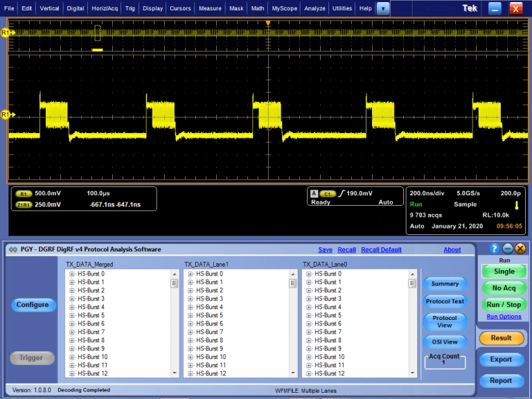 A split-screen view showing a yellow high-speed data burst waveform on a Tektronix oscilloscope above the PGY-DGRF DigRF v4 software interface, which lists decoded "HS-Burst" packets for multiple data lanes.
