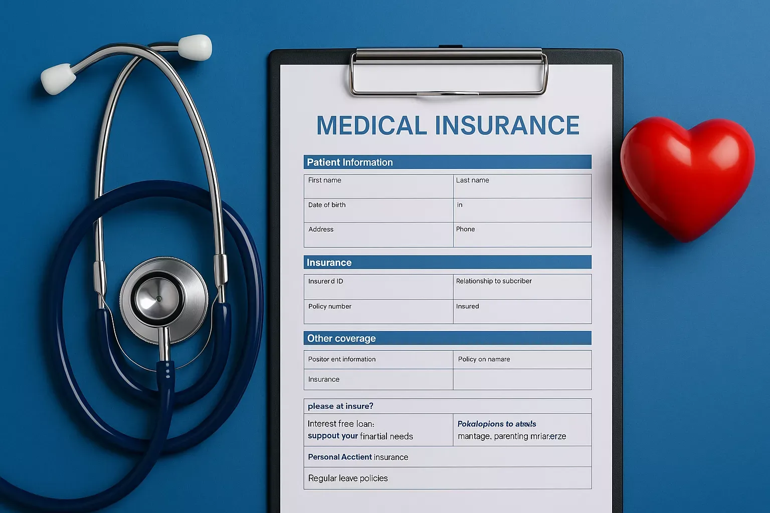 Medical insurance form on a clipboard with a stethoscope and red heart symbol on a blue background