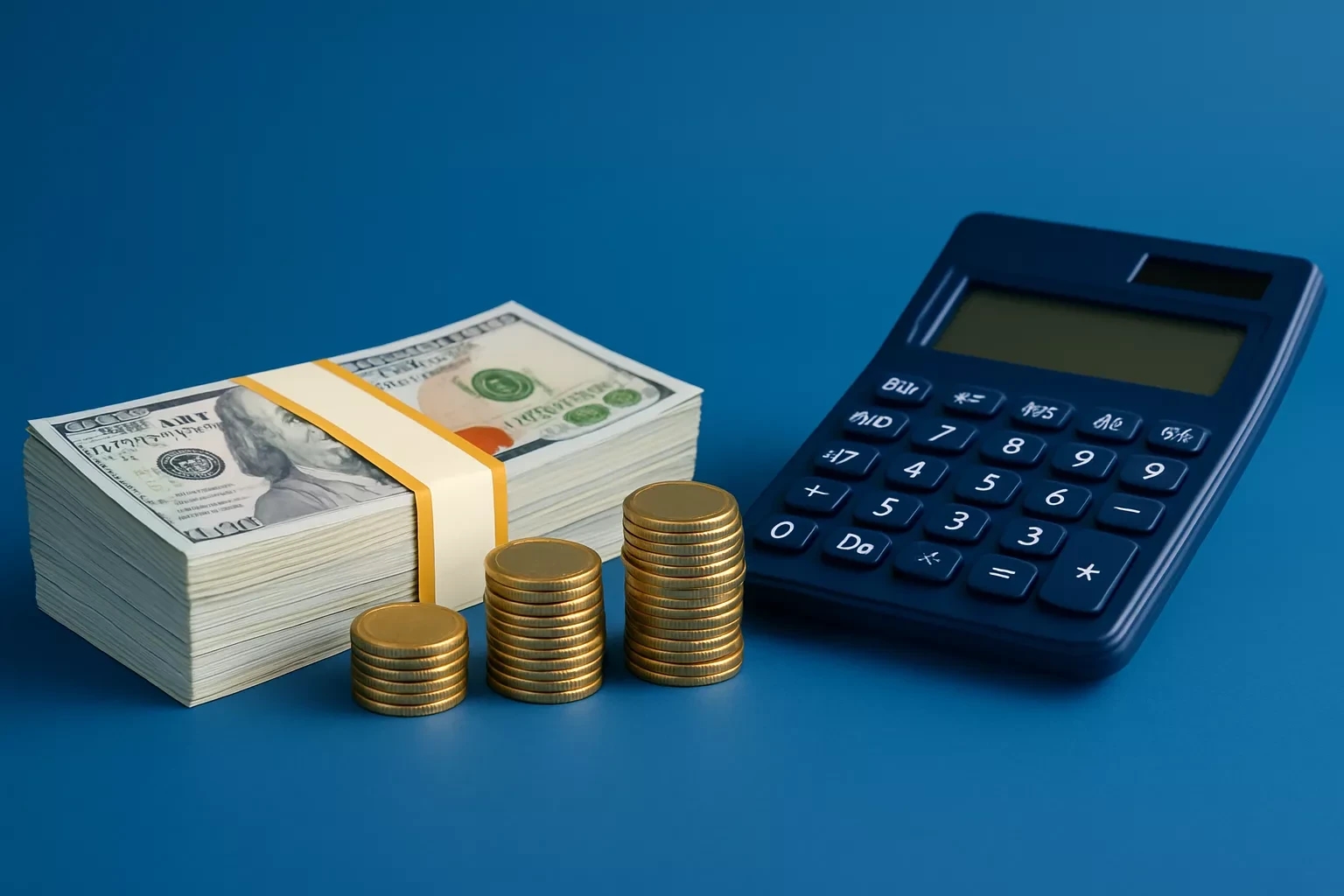 Stacks of cash, coins, and a calculator placed on a blue background.