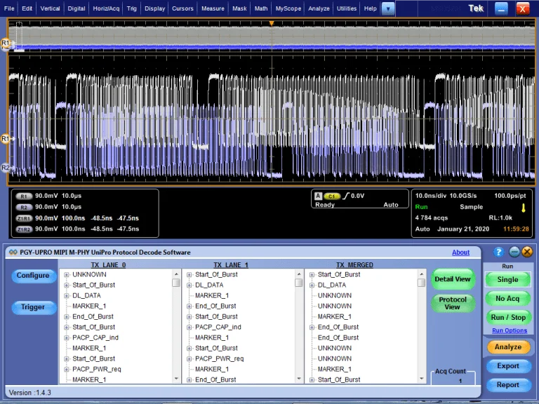 A split-screen interface showing a dense blue and white oscilloscope waveform at the top and the PGY-UPRO protocol decode software at the bottom, listing UniPro packets for TX Lane 0, TX Lane 1, and Merged views.