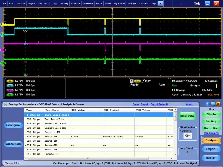 A split-screen interface showing four color-coded digital waveforms (yellow, blue, pink, green) on a Tektronix oscilloscope at the top, and the PGY-JTAG protocol analysis software at the bottom listing JTAG tap states and TDI values.